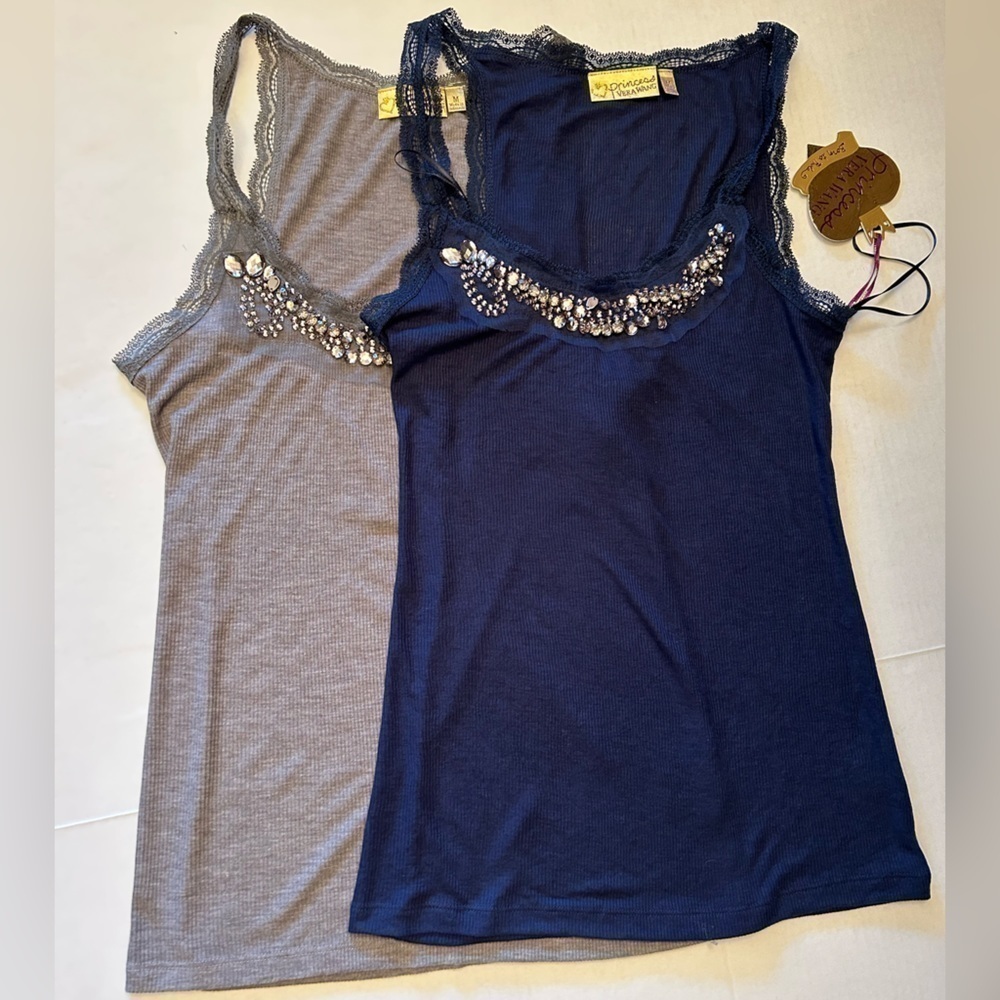 Princess Vera Wang lace & rhinestone bundle of 2 tanks gray & navy SzM NWT. C15
